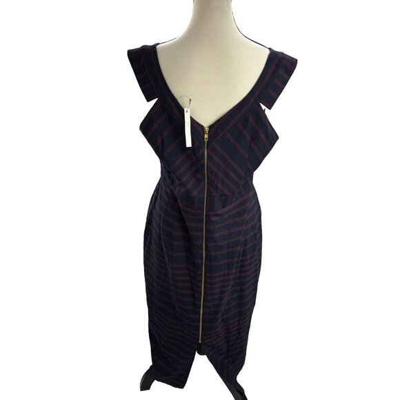 ASOS Womens 12 Navy Burgundy Striped Sleeveless V Neck Midi Dress - Picture 4 of 6